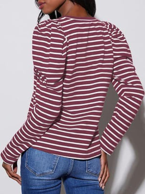 Burgundy and white striped tee with puff sleeves, crew neck, and long sleeves.
