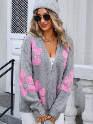 Gray acrylic open-front cardigan with pink floral intarsia pattern and V-neck