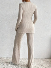 Ribbed knit lounge set in Dust Storm, featuring a long sleeve top and wide leg pants.