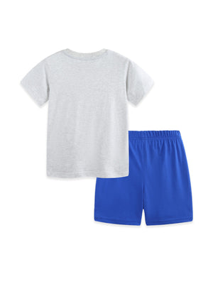 Boys' cotton t-shirt and shorts set in light grey and royal blue.