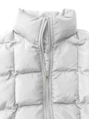 White quilted bomber jacket with stand collar and zipper detail