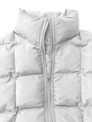 White quilted bomber jacket with stand collar and zipper detail