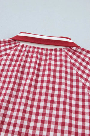 Red and white gingham cotton blend shirt with a striped collar detail.