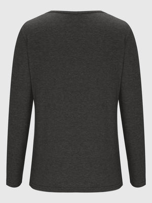 Dark gray long sleeve tee with a subtle textured knit and round neckline.