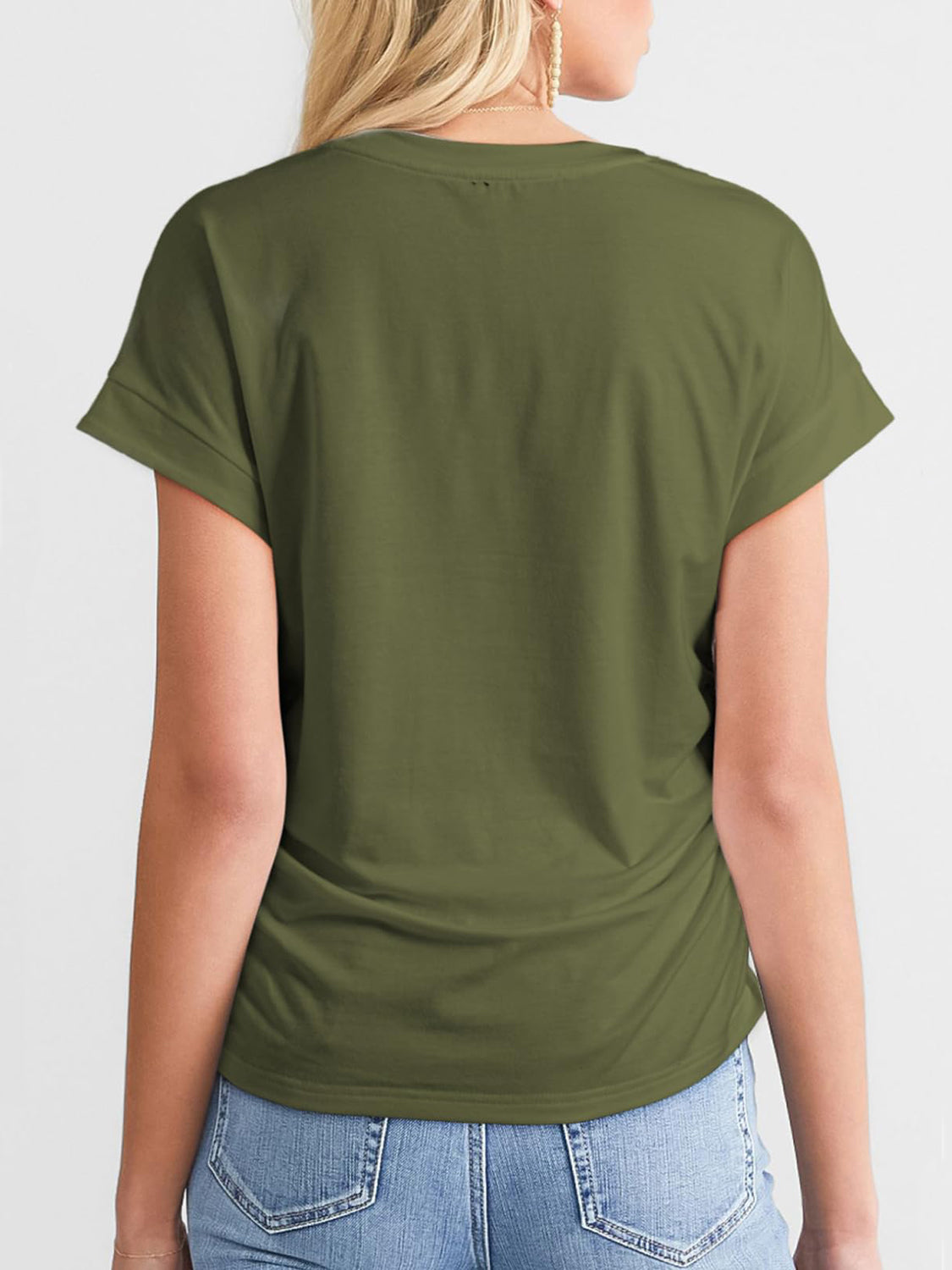 Moss green seamed front ruched sleeve tee with cuffed short sleeves.