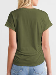 Moss green seamed front ruched sleeve tee with cuffed short sleeves.