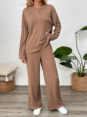 Camel textured henley lounge co-ord set with button detail and wide leg pants.
