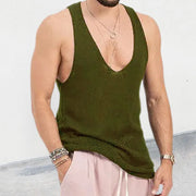 Army green knit tank top with deep V-neck, sleeveless, acrylic.