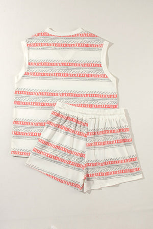 Striped knit tank and drawstring shorts set in ivory with coral and grey pattern.