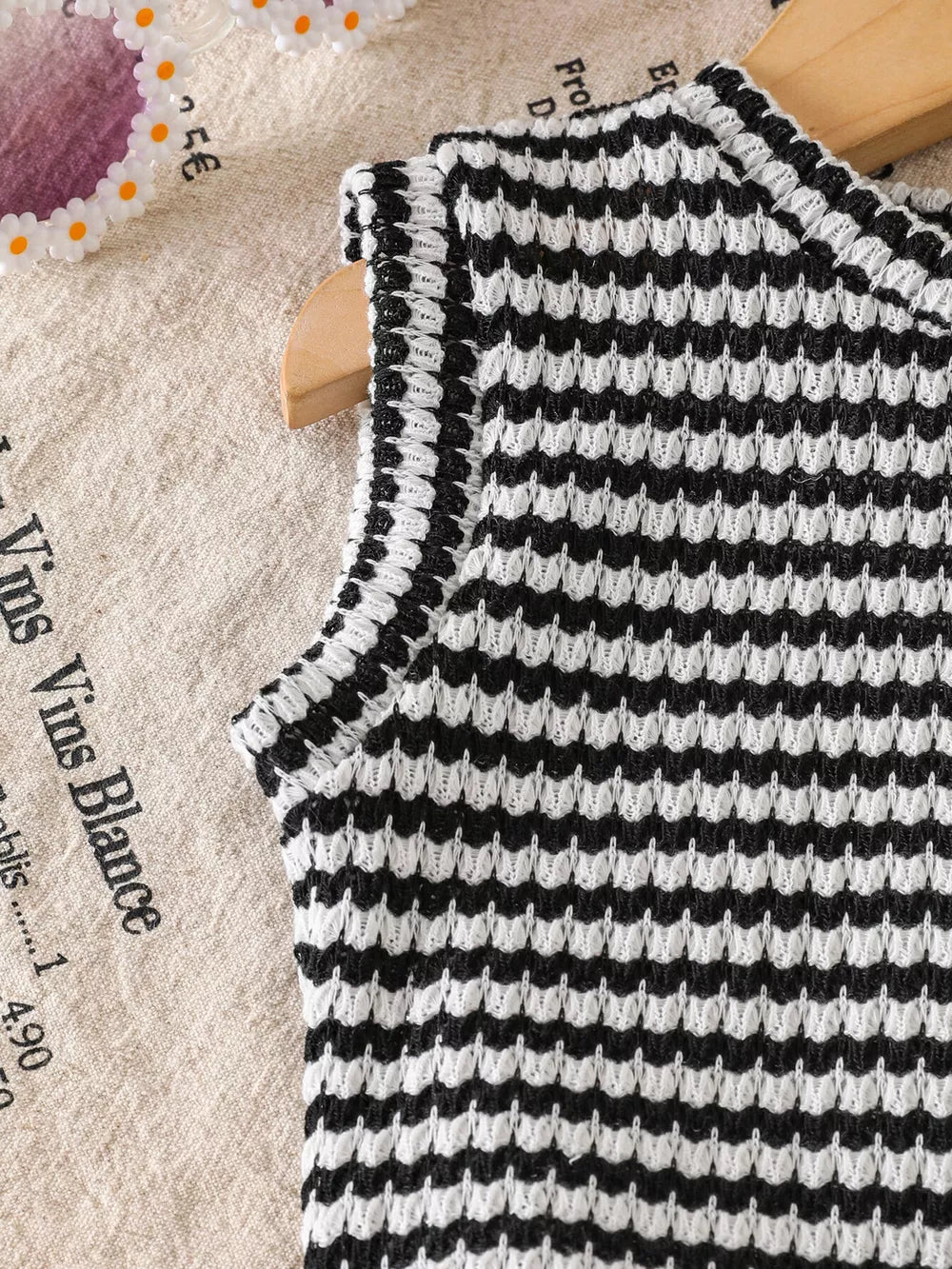 Children S Striped Tank And Shorts Set in Black, close-up detail