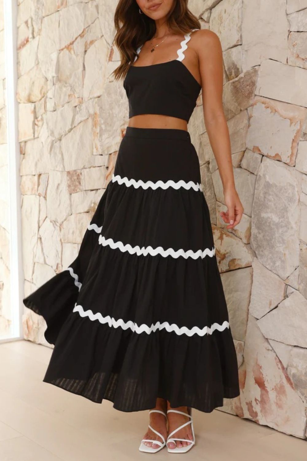 Black crop top and tiered maxi skirt set with white scalloped trim detail