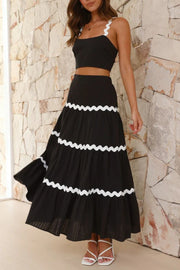 Black crop top and tiered maxi skirt set with white scalloped trim detail