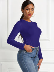 Sculpted ribbed jersey bodysuit in dark blue with long sleeves and a crew neck.