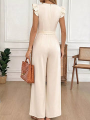 Beige ruffle sleeve jumpsuit with belt and wide leg pants