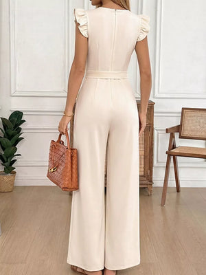 Beige ruffle sleeve jumpsuit with belt and wide leg pants