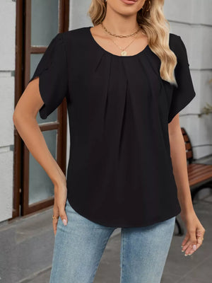 Black pleated short sleeve polyester blouse with scoop neck and split sleeves.
