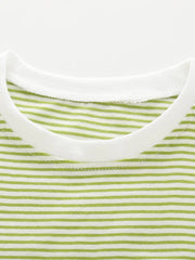 Baby girls' green and white striped cotton top with white trim neckline