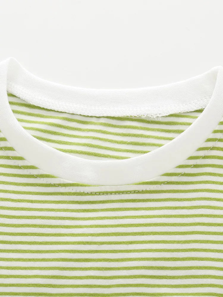Baby girls' green and white striped cotton top with white trim neckline