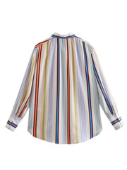 Multicolor striped band collar blouse with buttoned cuffs and a relaxed fit.