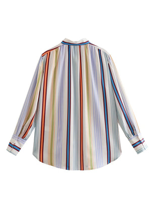 Multicolor striped band collar blouse with buttoned cuffs and a relaxed fit.