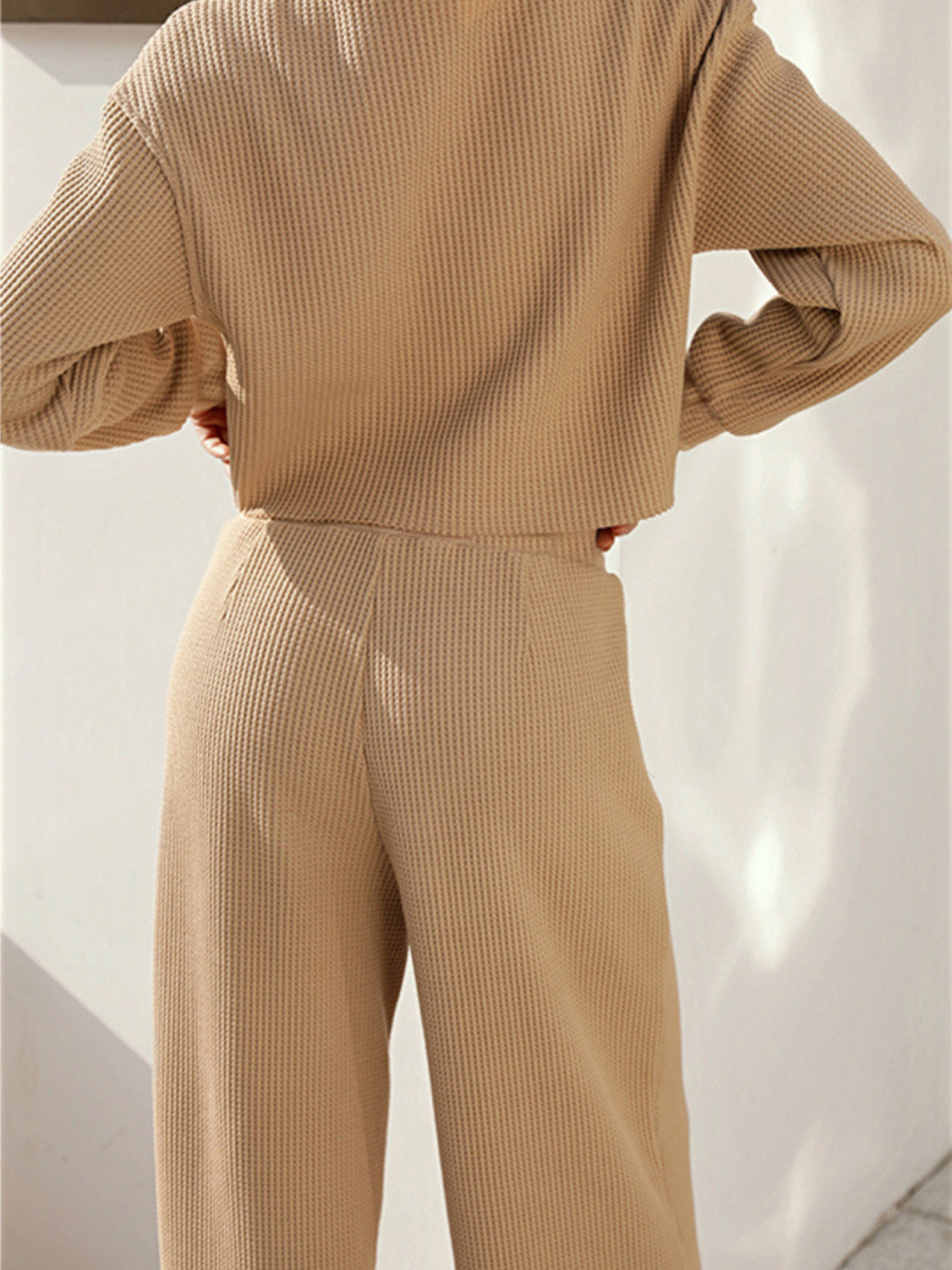 Khaki waffle knit cropped lounge set with wide leg pants and long sleeve top.