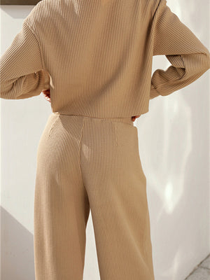 Khaki waffle knit cropped lounge set with wide leg pants and long sleeve top.