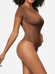 Sculpted scoop-neck bodysuit in Coffee Brown with short sleeves and a thong bottom.