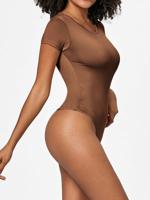 Sculpted scoop-neck bodysuit in Coffee Brown with short sleeves and a thong bottom.