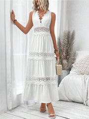 White lace trim Swiss dot maxi dress with V-neck and tiered skirt.