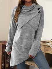 Gray asymmetric knit top with cowl neck and diagonal button detail