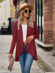Draped cascade cardigan in wine with an open front and waterfall hem.