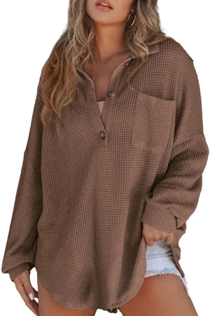 Waffle knit henley shirt in coffee brown with button front, collar, and chest pocket.