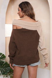 Asymmetric shoulder block sweater in mocha and beige acrylic with a boat neck.