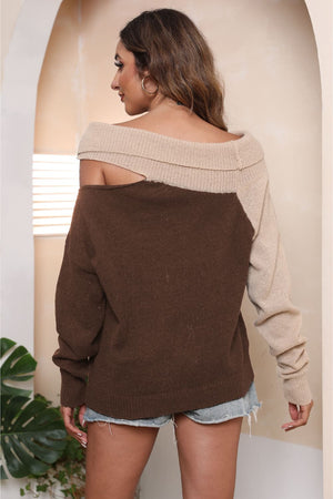 Asymmetric shoulder block sweater in mocha and beige acrylic with a boat neck.