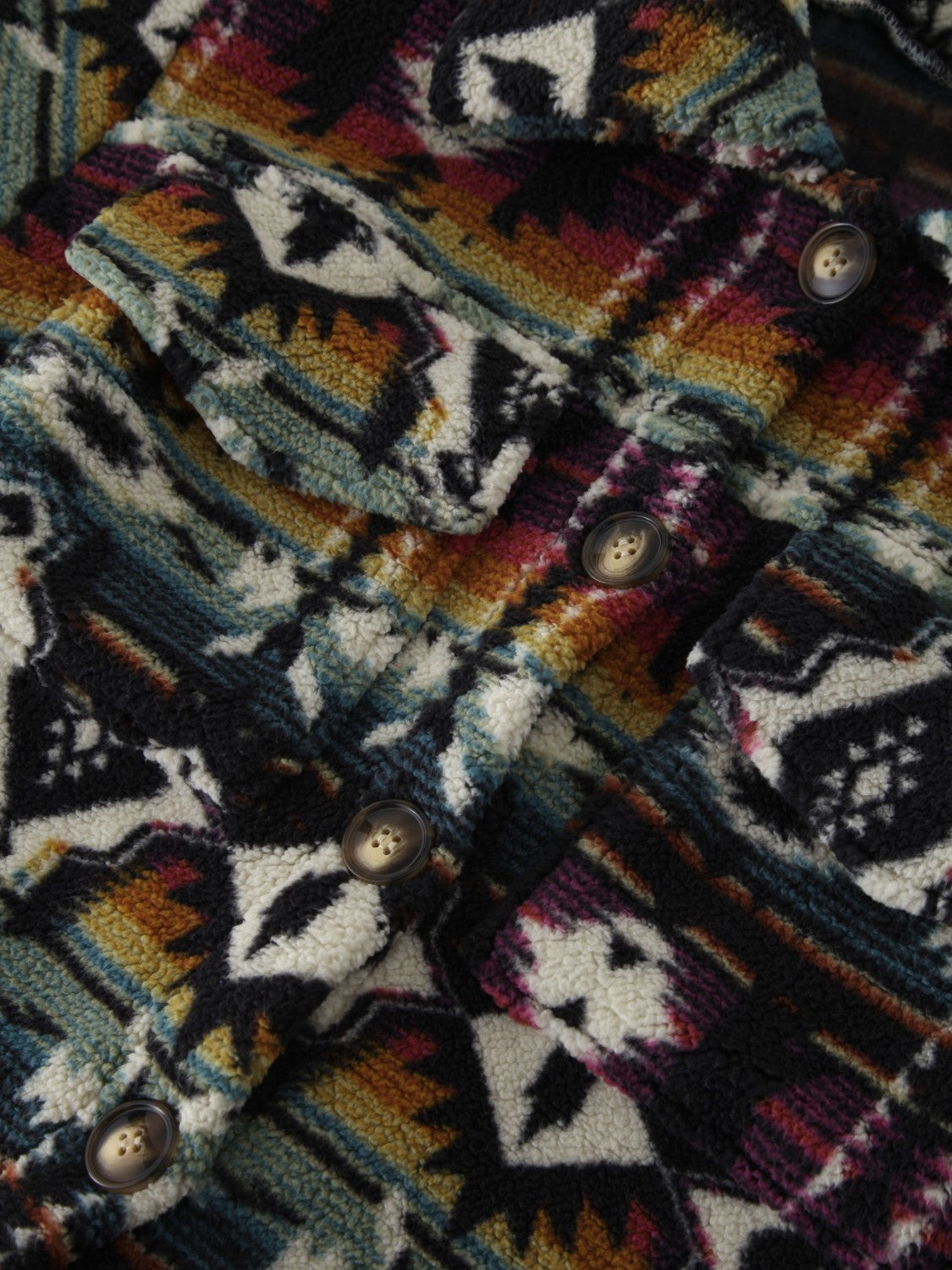 Southwestern sherpa button-up jacket in multicolor with geometric pattern and button details.