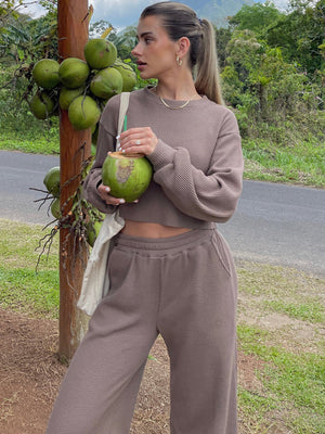 Mocha waffle knit cropped lounge set with matching wide-leg pants.