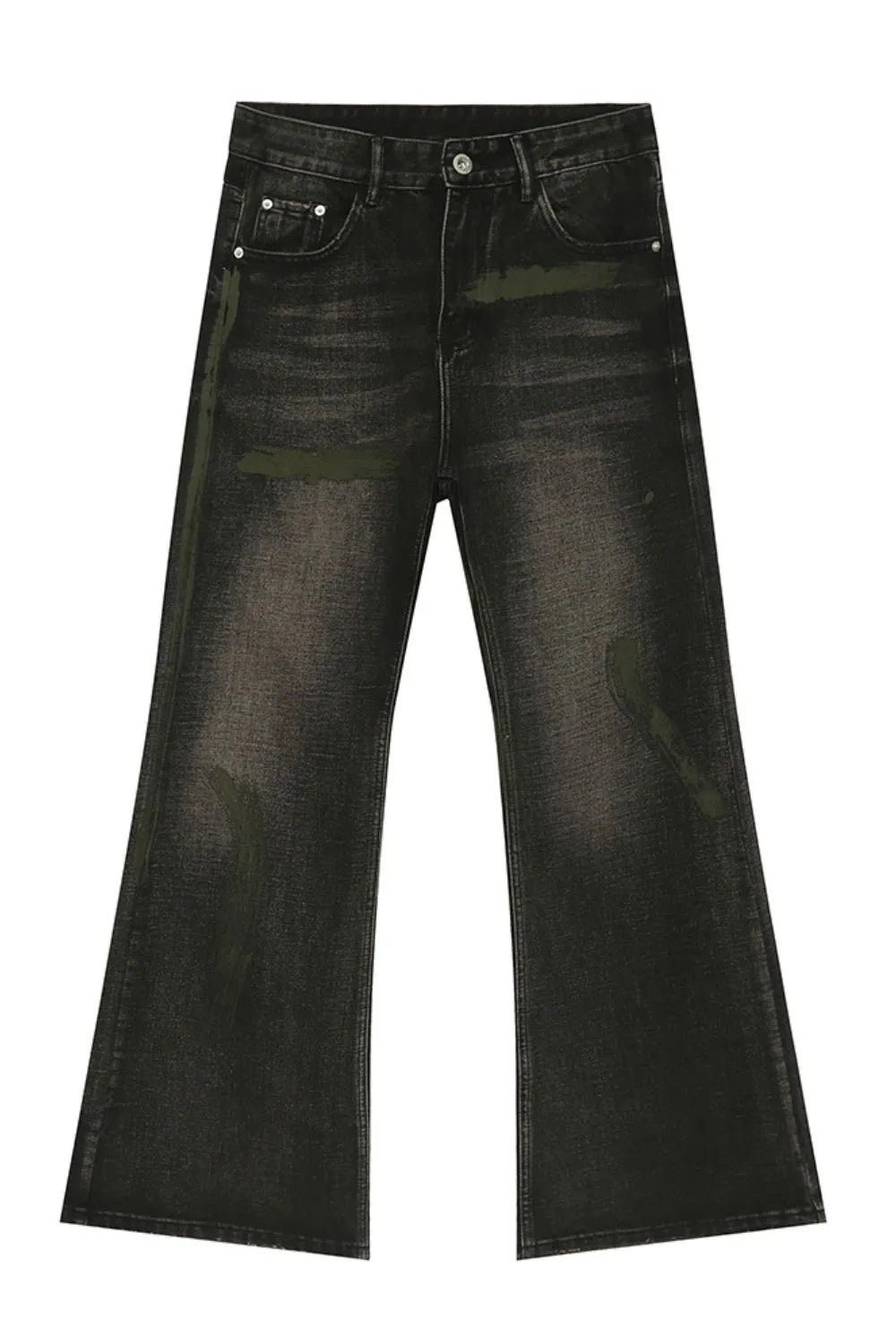 Dark wash bootcut jeans with green paint-like accents and a faded effect.