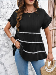 Black ribbed tiered ruffle trim blouse with short sleeves and a round neckline.