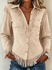Full Size Fringed Collared Neck Shirt Plus Size in Pink, side view