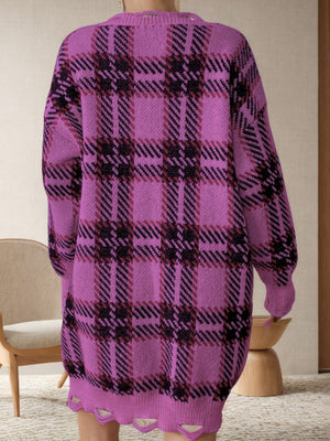 Pink purple plaid knit tunic with distressed hemline and long sleeves.