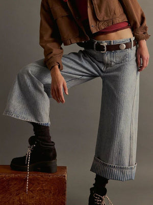 Light blue cotton blend cropped jeans with wide leg and large cuffs