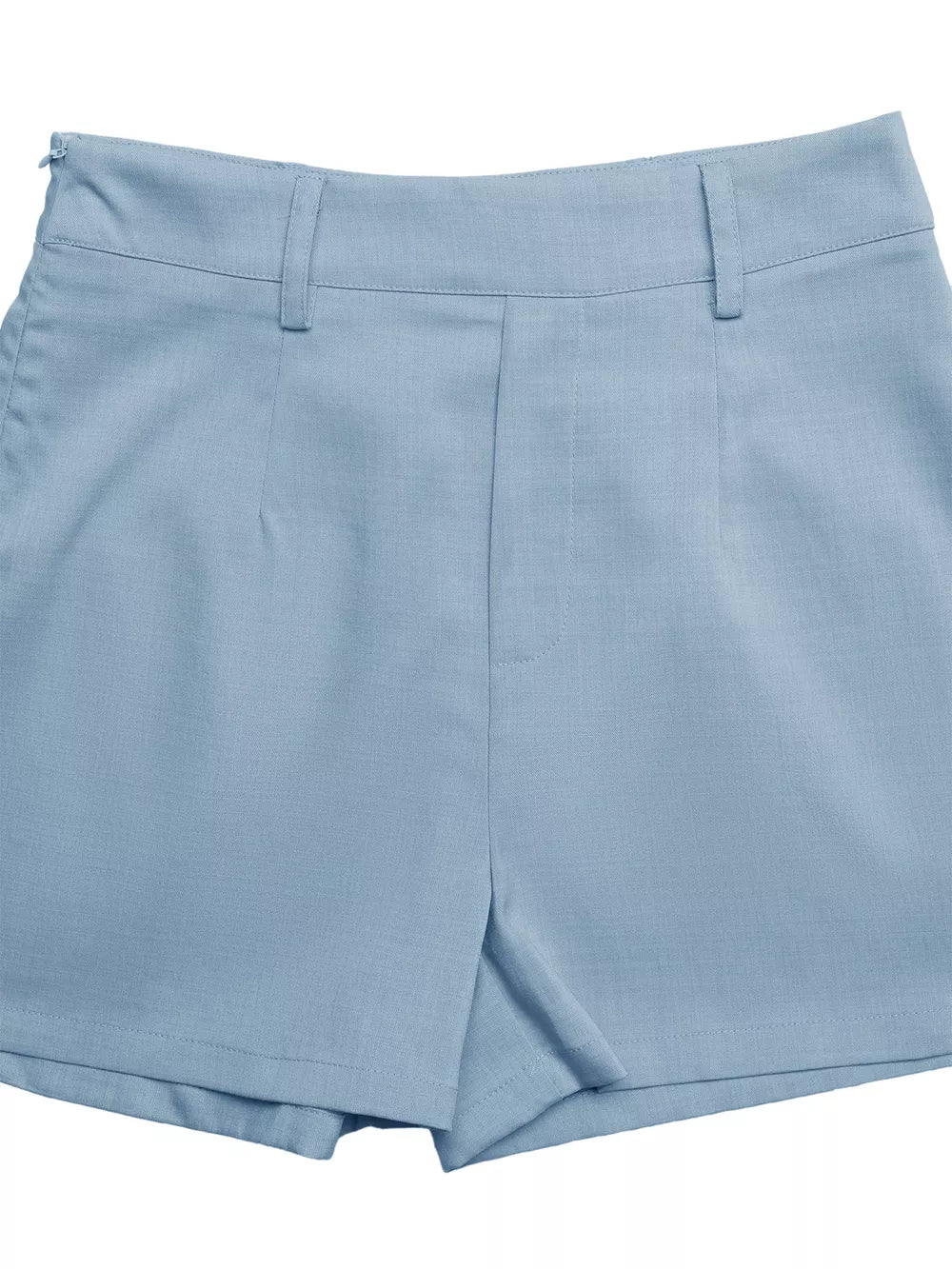 Light blue tailored shorts with a high waist and buttoned front detail.