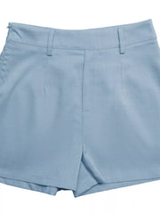 Light blue tailored shorts with a high waist and buttoned front detail.