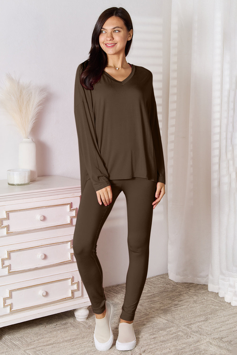 Relaxed knit loungewear set in chocolate with V-neck top and leggings.
