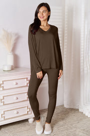 Relaxed knit loungewear set in chocolate with V-neck top and leggings.