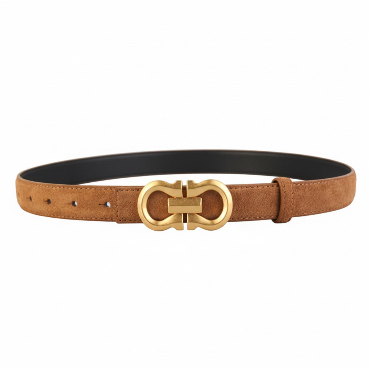 Brown cowhide leather belt with gold double G accent buckle