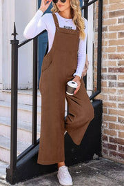 Corduroy Wide-leg Overalls With Pockets in Brown, close-up detail
