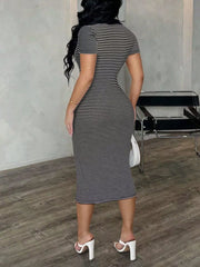 Chic striped polo midi dress in black and white, bodycon fit, short sleeves, buttoned neckline.