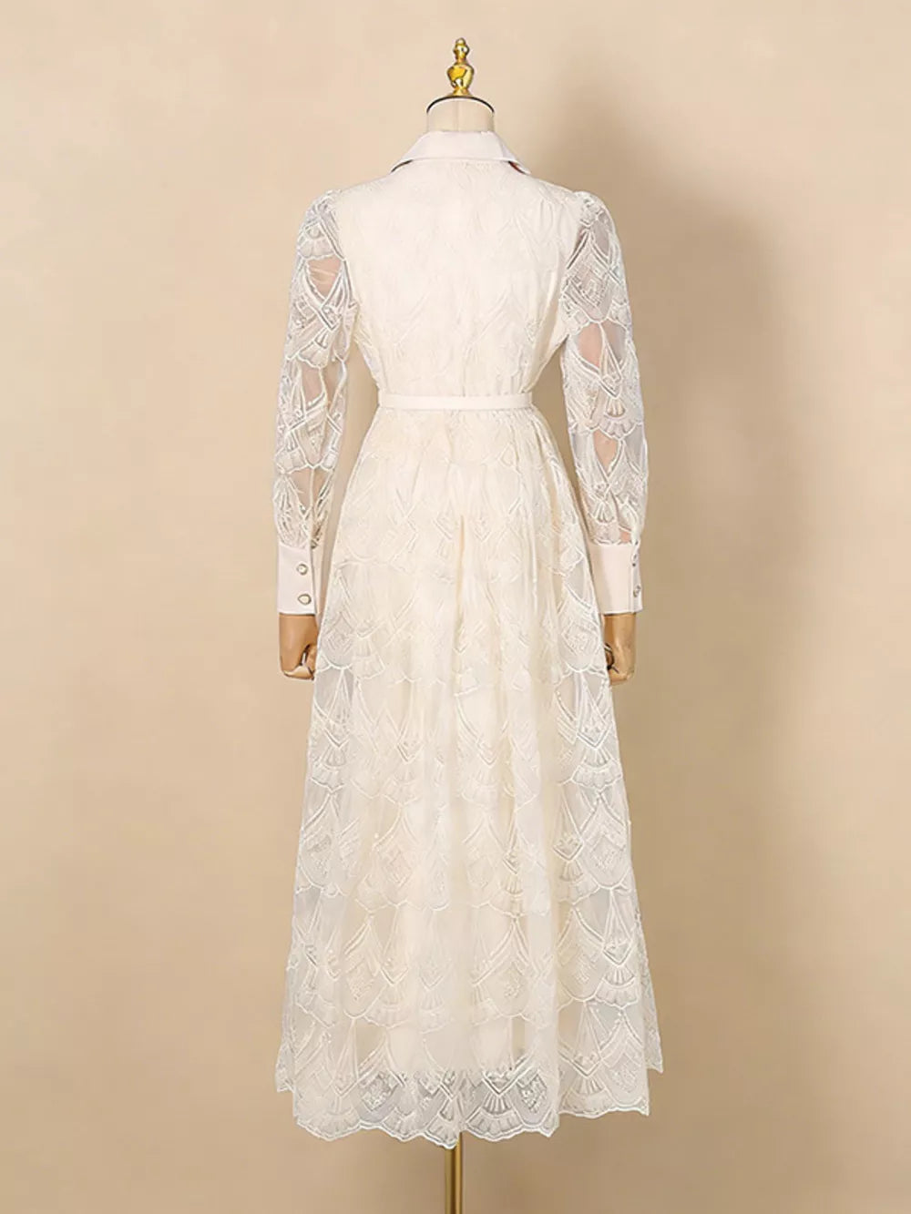 White lace midi dress with button placket, collared neckline, and sheer sleeves.