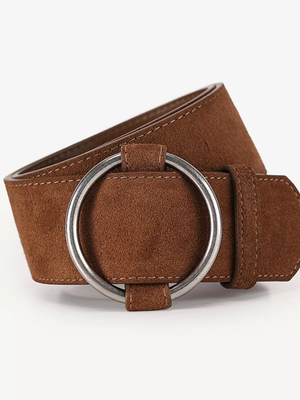 Brown cowhide leather belt with silver ring buckle detail